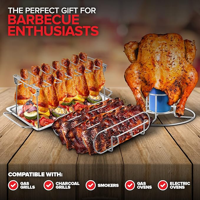 Modern Innovations Grill Racks, Chicken Leg Rack Drumstick Holder, Beer Can Chicken Holder Butt Stand, BBQ Smoke Rib Rack, Smoker Accessories Gifts For Men, Smoking and Grilling Gift Set