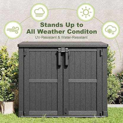 36 Cu Ft Horizontal Resin Storage Shed, Weatherproof Outdoor Storage Cabinet with Dual Lock Door, Fits Small Trash Cans, Generators, & Garden Tools, Matte Black