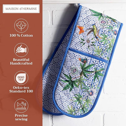 Maison d' Hermine Double Oven Mitts 100% Cotton 7"x35" Double Oven Mitt Heat Resistant BBQ Cooking Gloves with Loop Baking Grilling Kitchen Hotel Home Farmhouse Spring Summer (Passiflora)