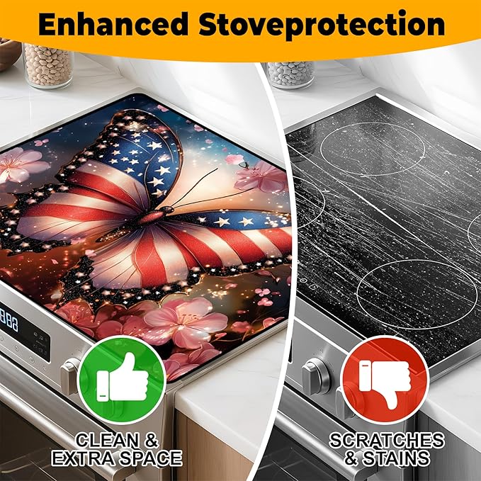 Patriotic Stove Top Cover, Heat Resistant Electric Stove Protector Mat, Large Diatomite Kitchen Counter Mat, Independence Day Decor American Flag Kitchen Accessory (butterfly, 28x20 Inch)