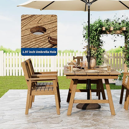 Garvee Outdoor Patio Dining Table for 4-6, 66.9" Long Outdoor HDPE Garden Dining Table with Umbrella Hole, Aluminum Frame, Triangular Legs, Waterproof, All-Weather for Backyard, Poolside, Natural