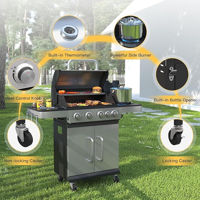 DIFY 4-Burner Propane Gas BBQ Grill with Side Burner and Porcelain-Enameled Cast Iron Grates, 46500 BTU Output Stainless Steel Grill for Outdoor Cooking Kitchen & Patio Backyard Barbecue, Silver