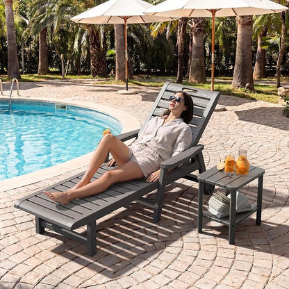 Outdoor Chaise Lounge Chair Set of 2, HDPE All-Weather Pool Lounge Chair with 5 Positions, Wheels & Cup Hoplder for Pool, Beach, Garden (Grey)