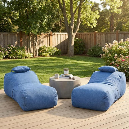 Christopher Knight Home Morton Outdoor Bean Bag Chair Set of 2, Fabric Bean Bag Chair for Adults and Kids, Indoor/Outdoor Sun Lounger with Headrest, Patio Chaise Lounge Chair Set of 2, Navy Blue
