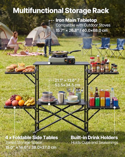 VEVOR Camping Kitchen Table, Slim-Fold Cook Station, Portable Folding Table, with 4 Side Tables, Heat Resistant Tabletop, and Carrying Bag, Ideal for Outdoor Picnics, BBQs, Camping, RV Traveling