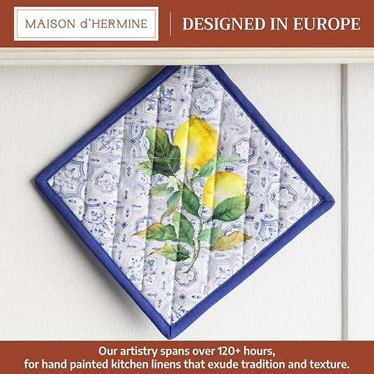 Maison d' Hermine Pot Holders 100% Cotton Heat Resistant Potholders 8" x 8" Hot Pads with Loop BBQ Cooking Baking Hotel Farmhouse Kitchen Handling Hot Pans Spring Summer (Pack of 1, Citrus)