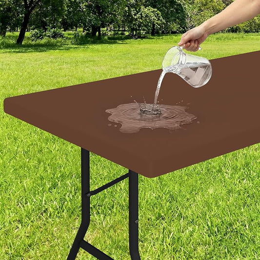 Smiry Rectangle Tablecloth, Elastic Fitted Flannel Backed Vinyl Tablecloths for 6ft Folding Tables, Waterproof Wipeable Table Covers for Indoor, Outdoor, Picnic and Camping (Tan, 30"x72")