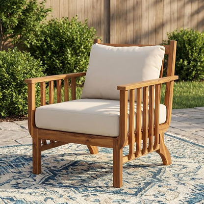 Christopher Knight Home Acacia Wood Outdoor Patio Club Chair, Mid Century Modern Lounge Chair with Armrests, Cushions & Back Pillow, Deep Seating Accent Chairs for Porch Balcony Garden, Natural+Beige