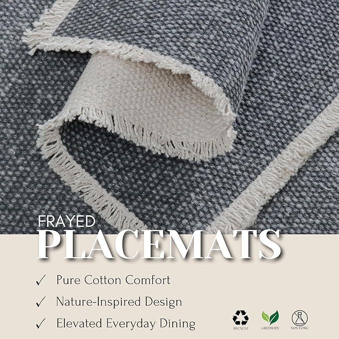 Hausattire Cotton Frayed Placemats Set of 6 Dining Table 13x19 Inch | Rustic Boho Washable Easter Placemat for Outdoor Parties BBQ's Wedding, Holiday, Nubby Cotton - Washed Black