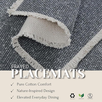 Hausattire Cotton Frayed Placemats Set of 6 Dining Table 13x19 Inch | Rustic Boho Washable Easter Placemat for Outdoor Parties BBQ's Wedding, Holiday, Nubby Cotton - Washed Black