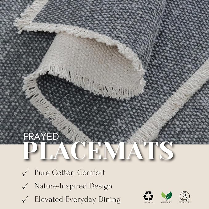 Hausattire Cotton Frayed Placemats Set of 4 Dining Table 13x19 Inch | Rustic Boho Washable Easter Placemat for Outdoor Parties BBQ's Wedding, Holiday, Nubby Cotton - Washed Black