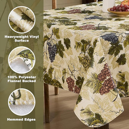 Newbridge 60 x 84 Inch Rectangle Vinyl Tablecloth with Flannel Backing, Grapevine Print, Grape Theme Indoor Outdoor Waterproof Table Cover, Picnic, Barbeque, Patio and Kitchen Dining