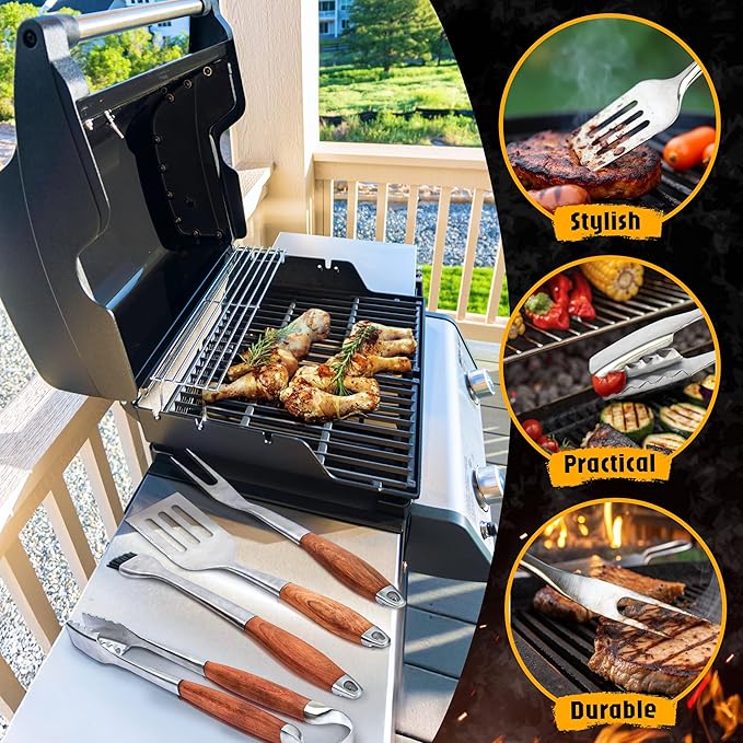 BBQ Grilling Accessories - Barbecue Tool Sets - Luxury Grill Accessories Kit - Grill Set – Premium Stainless Steel Equipment - 5 in 1 BBQ Tongs, Meat Fork, Spatula & Basting Brush