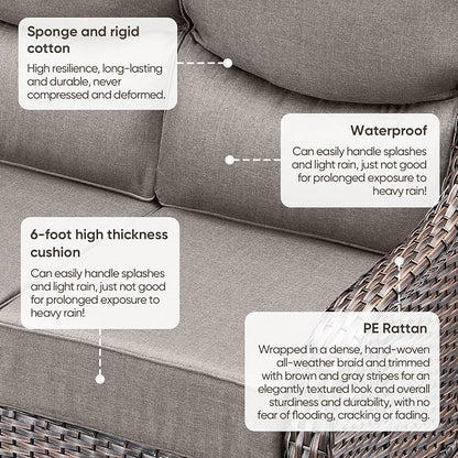 Luxury Patio Sofa 3-Seat Wicker Couch with 6" Thick Cushion - Outdoor Furniture Rattan Sofa with Deep Seating High Back Outdoor Sofa for Patio Garden Balcony Sunroom Backyard, Brown Grey