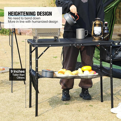 Portable Grill Table with Sink for Outside, Aluminum Frame Folding Grill Stand Table for Outdoor Camping Picnic BBQ, Lightweight Adjustable Height, 36 x 20 x 31 Inches, Black