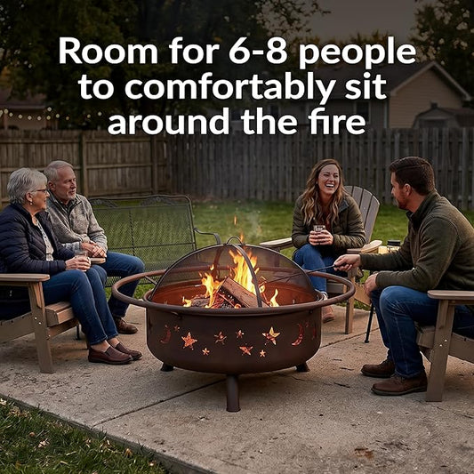 Sunnydaze Cosmic 42-Inch Large Outdoor Fire Pit - Wood-Burning Firepit for Outside Patio, Backyard, Deck - Steel - Wood Grate, Spark Screen, and Fireplace Poker Included - Bronze - 31” Bowl Diameter