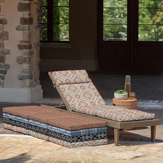 Arden Outdoor Chaise Cushion, 21 in x 72 in, Weather-Proof, Rain-Proof, Fade Resistant Patio Cushion for Chaise Lounger Global Vintage Medallion