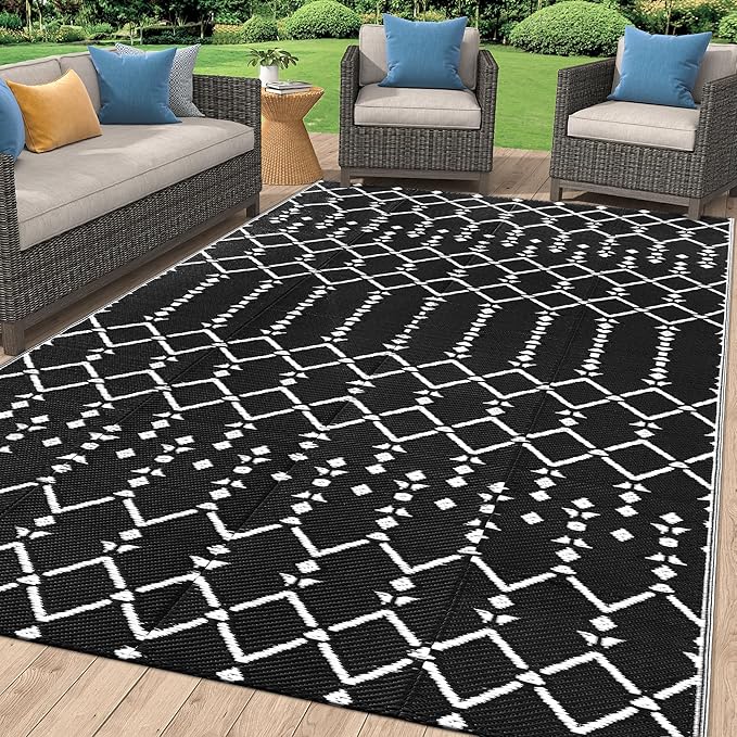 Smiry Outdoor Rug 5x8 ft Waterproof Reversible Boho Mat, Black | Polypropylene Plastic Straw, Quick Drying, Lightweight Foldable, for Patio, Deck, RV Camping, Backyard and Indoor Outdoor Use