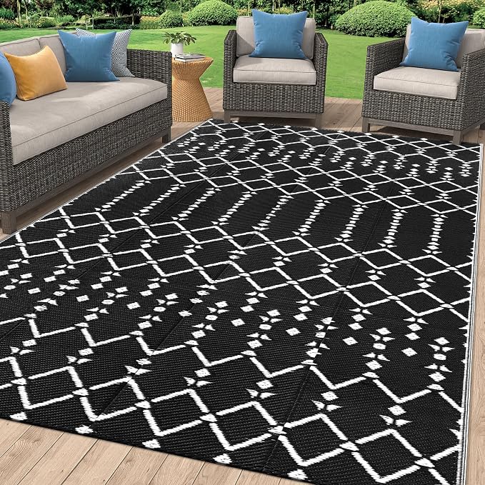 Smiry Outdoor Rug 8x10 ft Waterproof Reversible Boho Mat, Black | Polypropylene Plastic Straw, Quick Drying, Lightweight Foldable, for Patio, Deck, RV Camping, Backyard and Indoor Outdoor Use