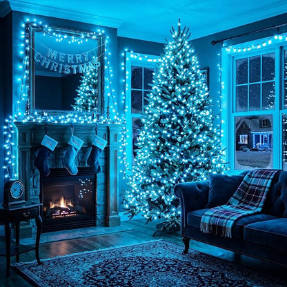 BrizLabs Teal Christmas Incandescent String Lights Outdoor 300 Count 69.6ft | Connectable; Green Wire; UL Certified; Waterproof Mini Xmas Tree lights for Indoor Outside Holiday Party Garden Patio Decor