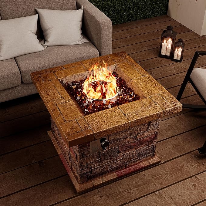SUNBURY Outdoor Propane Fire Pit, Square Stonecrest Gas Firepit for Outside Patio, Concrete Propane Fire Table 50,000 BTU Gas Fire Pits w Lava Rocks, Waterproof Cover, CSA Certified