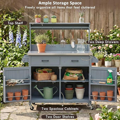 Outdoor Kitchen Island with Stainless Steel Top, 54.1 Inch | Solid fir wood frame, 201 stainless steel surface, high shelf, 10 hooks, side racks, lockable wheels, for BBQ, patio, garden