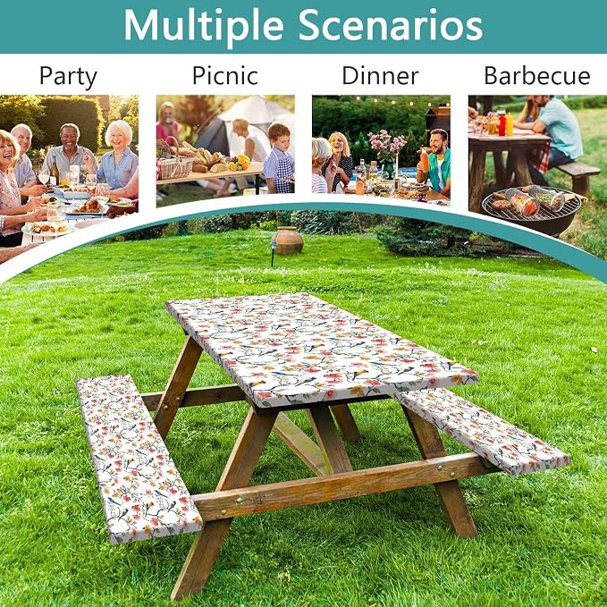 Bird Branch Picnic Table Cover with Bench Covers, Spring Summer Floral Waterproof Windproof, Fitted Tablecloth Cover with Elastic Edge, Camping Essentials, for Outdoor, Garden, 3 PCS, 30x96 Inch