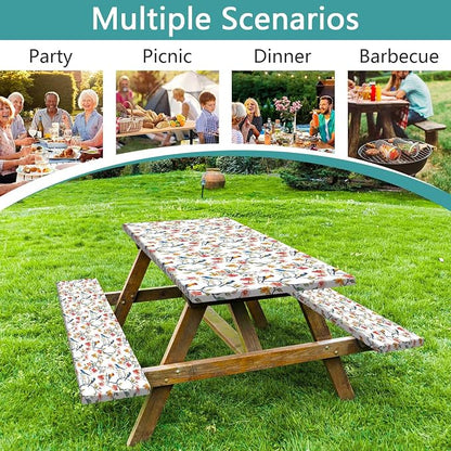 Bird Branch Picnic Table Cover with Bench Covers, Spring Summer Floral Waterproof Windproof, Fitted Tablecloth Cover with Elastic Edge, Camping Essentials, for Outdoor, Garden, 3 PCS, 30x96 Inch