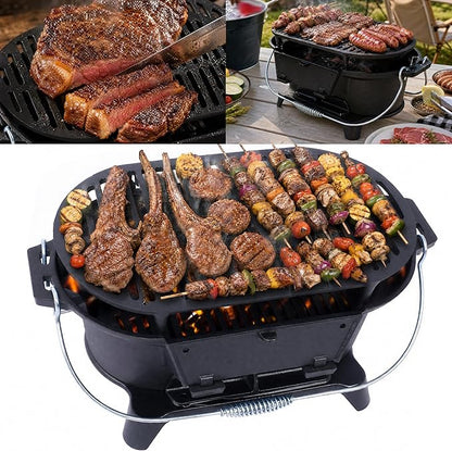 Cast Iron Hibachi Grill Outdoor, Japanese Yakitori Grill for Camping, Small Portable Charcoal Hibachi Grills, Cast Iron, with Double-Sided Grate, for Indoor Outdoor BBQ (1, Built-in handle)