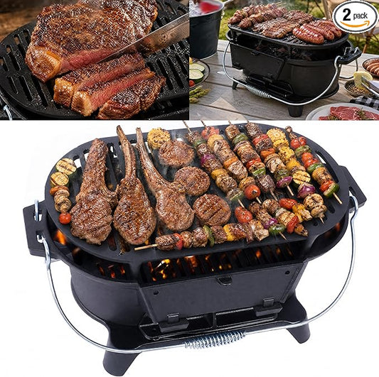 Cast Iron Hibachi Grill Outdoor, Japanese Yakitori Grill for Camping, Small Portable Charcoal Hibachi Grills, Cast Iron, with Double-Sided Grate, for Indoor Outdoor BBQ (2, Built-in handle)
