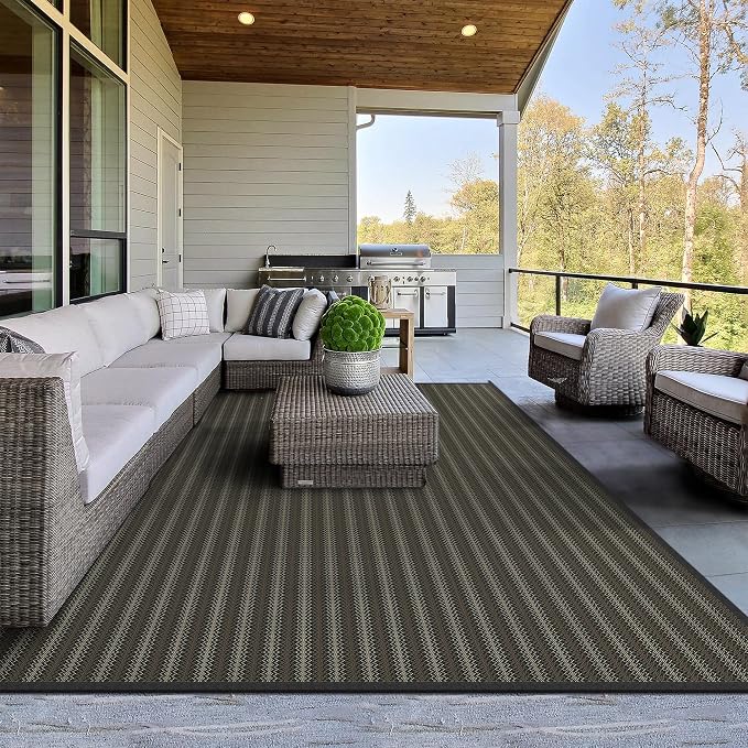 GENIMO Outdoor Rug, Waterproof Plastic Rugs for Patio, 8'x10' Ebony Brown | Outside Larger Modern Carpet Mat for Porch Decor, Deck, Balcony, Camping, RV, Backyard, Picnic, Beach, Reversible, Foldable