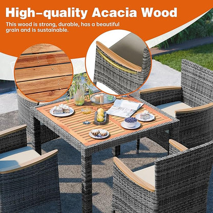 Shintenchi 5 PCS Patio Dining Set, Wicker Patio Conversation Set with Wooden Table Top, Outdoor Table and Chairs with Soft Cushions for Backyard, Deck and Garden, Grey Rattan