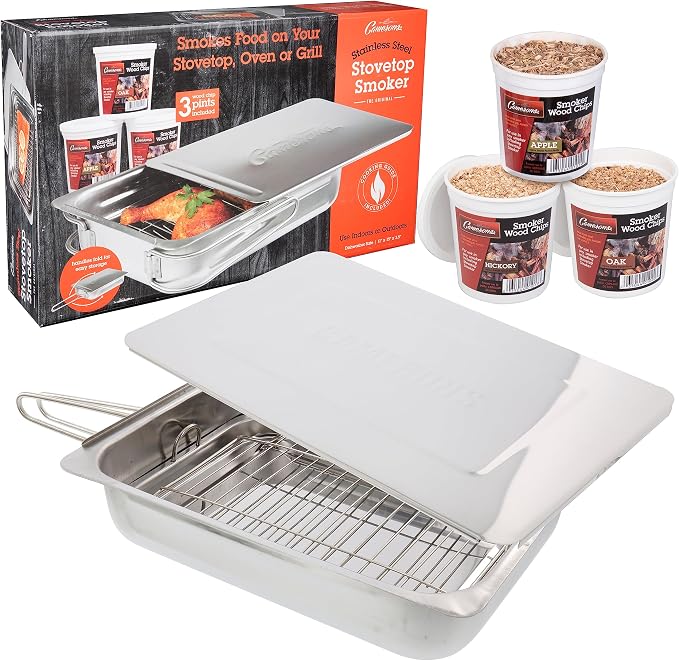 Camerons Original Stovetop Smoker, Oak, Apple, Hickory Wood Chips & Recipes | Stainless Steel Barbecue Smoker Box Use Indoor Outdoor on Any Heat for Smoking Meat, Veggies & Seafood, Grilling Gift for Men