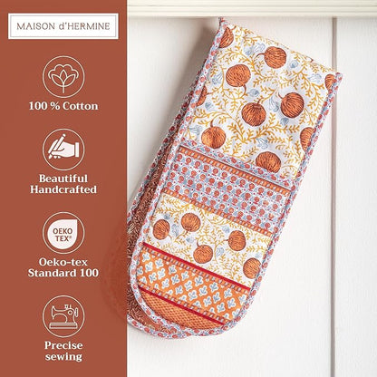 Maison d' Hermine Double Oven Mitt (7" x 35") 100% Cotton Heat Resistant BBQ Cooking Gloves with Loop for Thanksgiving Christmas Decorations Baking Cooking Barbeque Handling Hot Pan (Harvest Festival)
