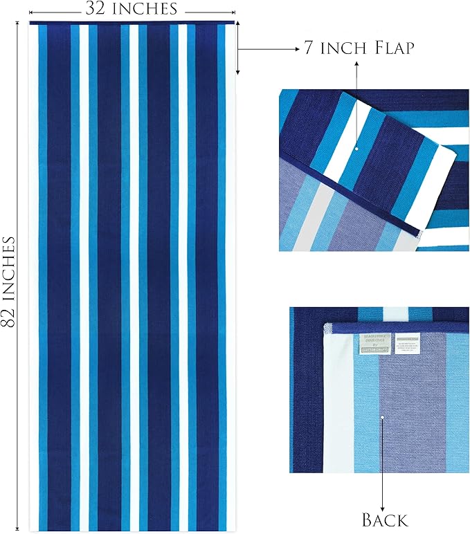 COTTON CRAFT Pool Lounge Chair Cover - 2 Pack - Soft Absorbent 100% Cotton Stripe Dobby Terry Towel Chaise Lounge Beach Chair Cover - Oversized 32 W x 82 Length x 7 inch Pocket – Blue