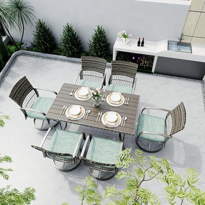 Pamapic 7-Piece Outdoor Dining Set with Swivel Rocker Chairs, Wicker Patio Furniture for 6, Poolside Garden Deck with Iron Table & Removable Cushions (Green)