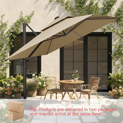 10x10 FT Patio Umbrella with Base, Large Cantilever Double Top Heavy Duty Offset Umbrellas with 360° Rotation, Outdoor shade for Garden Deck Pool, Beige