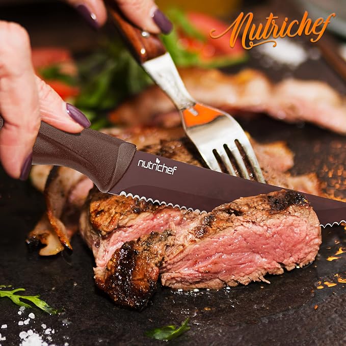 SereneLife Stainless Steel Knife Set, 8 Pcs. - Non-Stick Coating, Sharp Serrated Blades, Professional Kitchen Set, Rust-Resistant, Dishwasher Safe, Ideal for BBQ & Grilling, Yellow