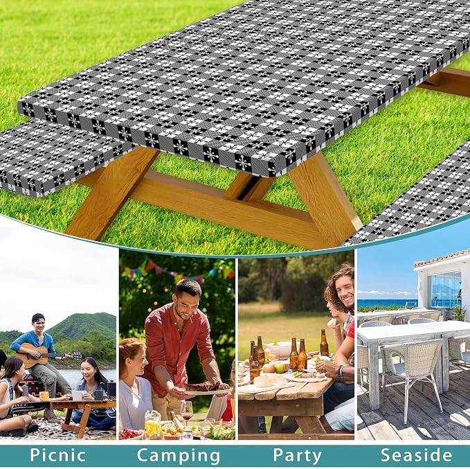 Picnic Table Cover with Bench Covers and Bag, Camping Essentials, Buffalo Plaid Waterproof and Windproof, Fitted Tablecloth Cover with Elastic Edge, for Outdoor, 3 PCS, (Black & White, 30"x72")