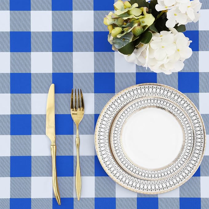 Buffalo Rectangle Picnic Tablecloth, 8 Foot Elastic Fitted Vinyl Table Cloth with Flannel Backing, Waterproof Plaid Table Covers for Dining, Camping, Outdoor (Blue and White, 30" x 96")