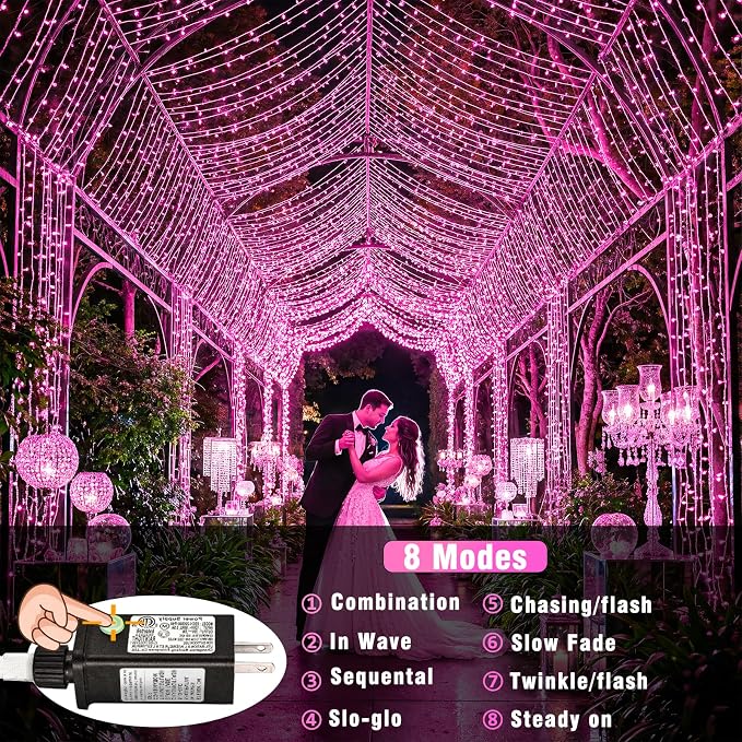 300 LED Pink String Lights Indoor Valentines Day Decorations, 100 FT Valentines Day Lights Waterproof with 8 Modes, Clear Wire Pink Fairy Lights Plug in for Valentine Day Wedding Party Bedroom Decor