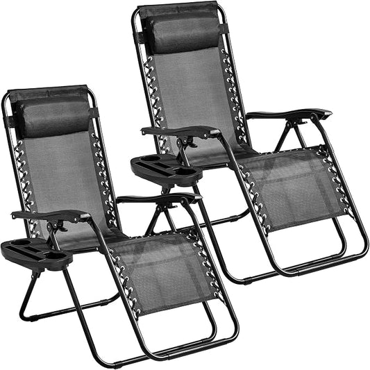 2-Pack Zero Gravity Lounge Chair Recliners - Adjustable Steel Frame with Removable Headrests & Cup/Phone/Tablet Trays - 330LBS Capacity - Light Black
