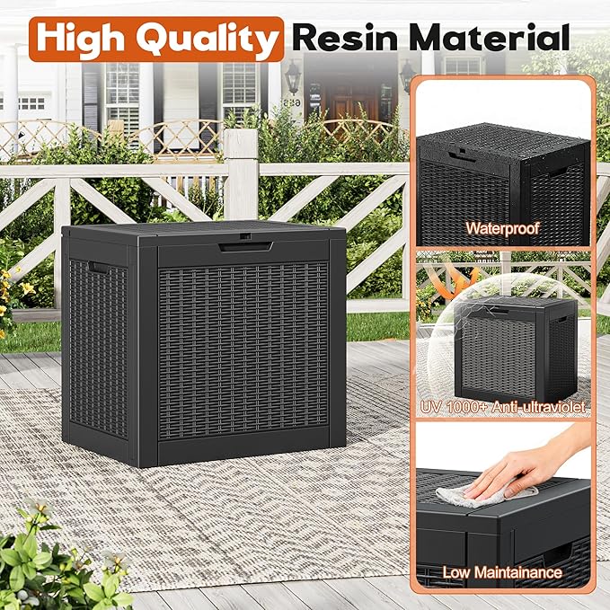 Outdoor Storage Box, Resin Deck Boxes Indoor and outdoor, Waterproof Storage Box Lockable Lid (Black, 35 Gallon)