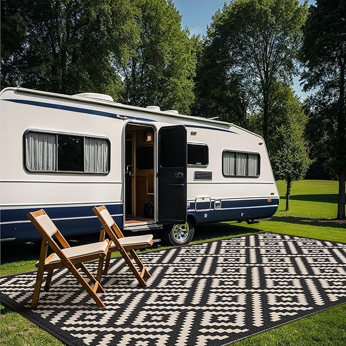 GENIMO Outdoor Rug, Waterproof Plastic Rugs 10'x14' for Camping Black Beige | Outside Larger Modern Carpet Mat for Patio Decor, RV, Porch, Camper, Deck, Picnic, Beach, Backyard, Reversible, Foldable