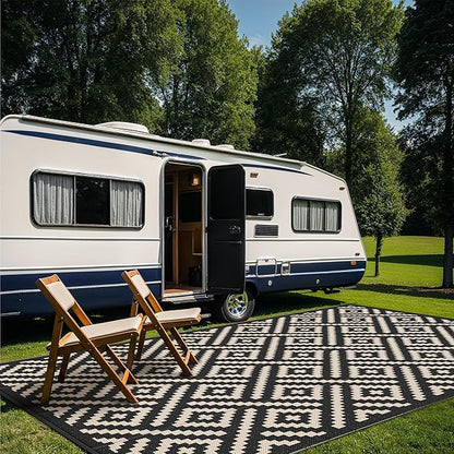 GENIMO Outdoor Rug, Waterproof Plastic Rugs 10'x14' for Camping Black Beige | Outside Larger Modern Carpet Mat for Patio Decor, RV, Porch, Camper, Deck, Picnic, Beach, Backyard, Reversible, Foldable