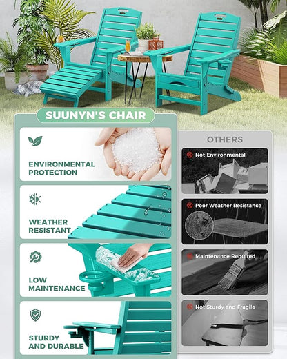 Folding Adirondack Chairs Set of 4,Adirondack Chair with Retractable Ottoman,Plastic Adirondack Chairs with 2 Cup Holder,Weather Resistant Patio Chair,Outdoor Chairs Set of 4(Lake Blue)