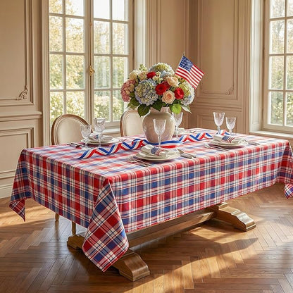 4th of July Red White and Blue Plaid Tablecloth – Waterproof Patriotic Independence Day Table Cover for BBQ, Picnic, Party, Farmhouse Kitchen & Outdoor Decor, W60 x L102 in