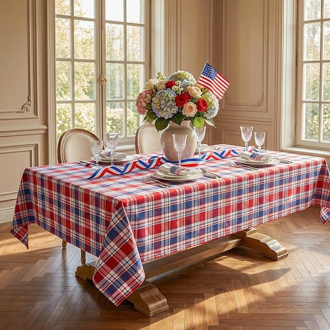 4th of July Red White and Blue Plaid Tablecloth – Waterproof Patriotic Independence Day Table Cover for BBQ, Picnic, Party, Farmhouse Kitchen & Outdoor Decor, W52 x L70 in