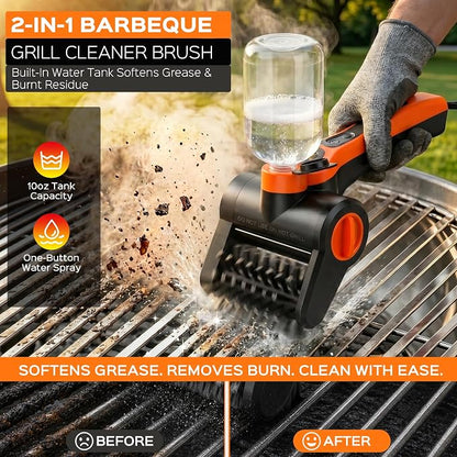 Electric Grill Brush, 100W High Torque Motor BBQ Cleaner with 300ml Water Spray,IPX8 Waterproof & Heat-Resistant, 2-Speed Rechargeable for Gas Charcoal Grill, Includes Scraper & Carry Case