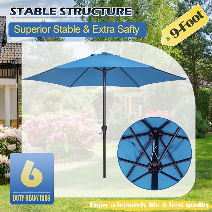 Sunnyglade 9FT Outdoor Patio Umbrella, Market & Table Umbrella with 6 Sturdy Ribs and Crank System, Fade-resistant & Waterproof for Garden Backyard Poolside Deck